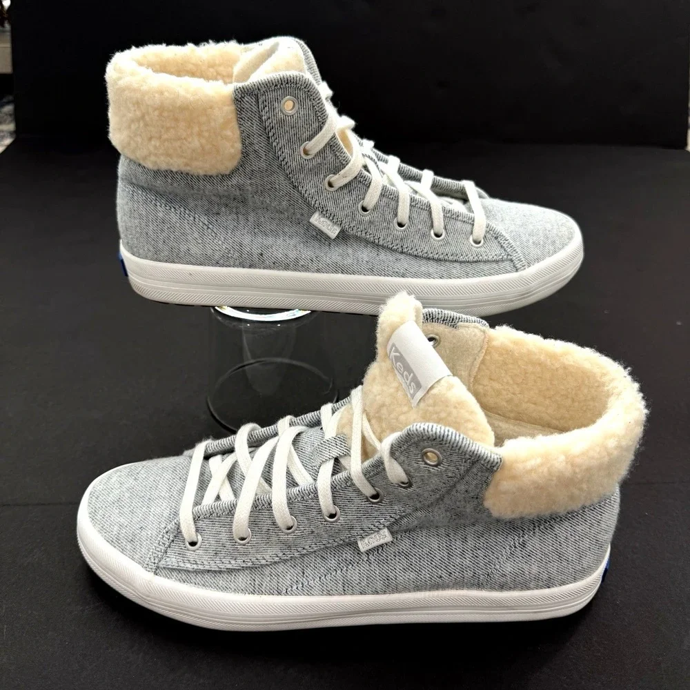 Keds Kickstart Hi Top TRX Shearling Sherpa Sneaker Shoe Women 9.5 Denim Lace Up